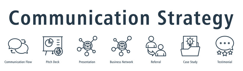 Communication strategy web banner icon vector illustration concept with icon of communication flow, pitch deck, presentation, business network, referral, case study, and testimonial.