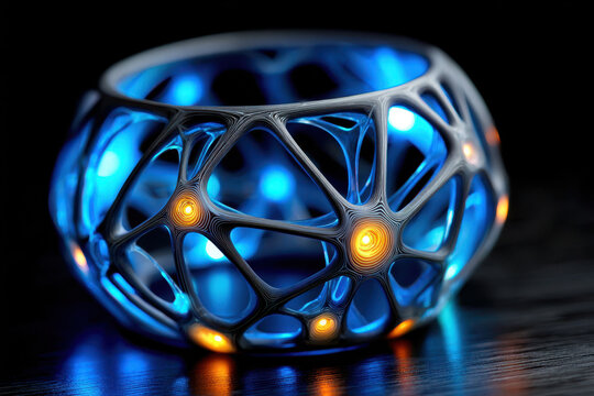 Glowing blue orb with intricate lattice design
