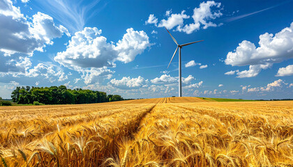 A wind turbine stands tall in a golden wheat field under a bright blue sky.