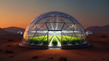 Scientists tend microgreens inside glowing greenhouse on Martian - Powered by Adobe