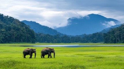 Majestic Elephants Gracefully Walking Through Lush Green Landscape