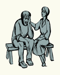 Vector drawing. Girl and sad man