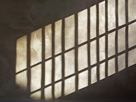 Diagonal Grid Shadows Cast Across Textured Wall — Minimalist Symbolism of Confinement and Isolation