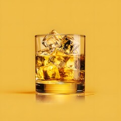 A glass filled with whiskey and ice cubes on a yellow background