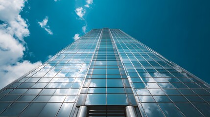 A tall glass skyscraper reflecting clouds against a bright blue sky