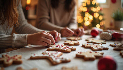 Women decorate Christmas gingerbread cookies together at home table. Festive, sweet food preparation with icing and sprinkles. Winter holiday baking tradition.