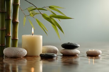 A serene arrangement of bamboo, smooth stones, and a lit candle on a reflective surface