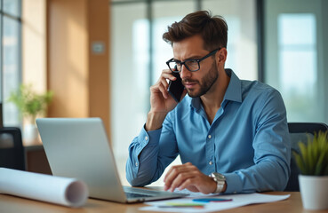 Young businessman wearing glasses talks on phone at modern office desk with laptop. He types on keyboard, reviewing papers. Man works on business project, looking focused and serious.