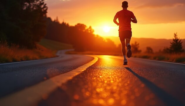 Lone athlete runs on road at sunset. Man trains during dusk, showing strength and outdoor activity. Warm light reflects on asphalt, inspiring hope and healthy lifestyle choice. - Powered by Adobe