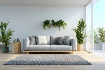 A modern living room featuring a light gray sofa with decorative pillows and indoor plants