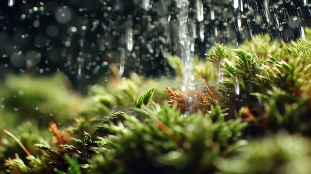 Moss Water Filtration and Moisture in Forest: Close-Up of Greenery and Vegetation in Beautiful Natural Habitat with Raindrops and Biodiversity in Earthy Tones.