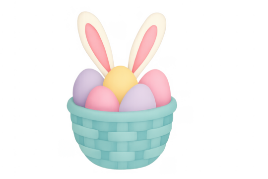 Easter basket filling with colorful eggs and bunny ears