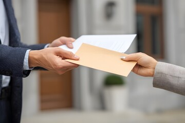 A person in a suit hands an envelope to another person in a business outfit