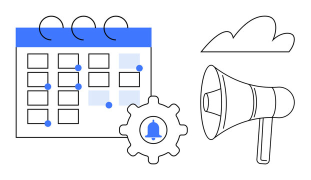 Calendar with marked dates, gear with bell icon, and megaphone represent efficient scheduling, event notification, and task planning. Ideal for time management, reminders, campaigns, cloud
