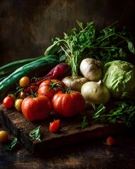 A variety of fresh vegetables arranged on a wooden surface
