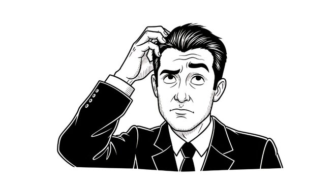 Puzzled businessman scratching head and looking up for answers in challenging situation concept