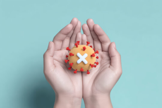 Hands holding small paper cutout of virus with cross symbol, representing protection, health awareness, and virus prevention in clean blue background