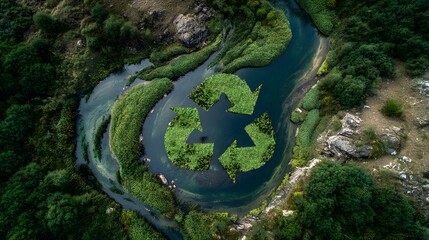 Aerial view of a river with a green recycling symbol formed by vegetation