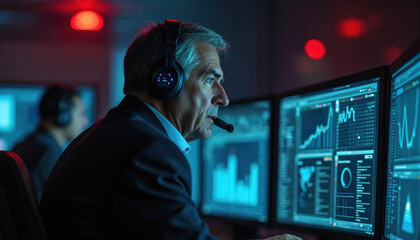 Agent with headset monitors data on screens. Man analyzes graphs in security intelligence center. Person works in tech office. Supervisor oversees, monitors business trends, security protocols,
