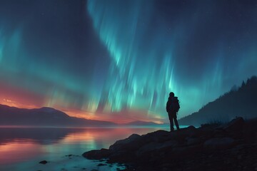 A silhouette of a person standing on a rocky shore under vibrant auroras