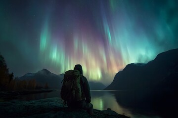 A person sitting by a lake under a vibrant aurora borealis with mountains in the background