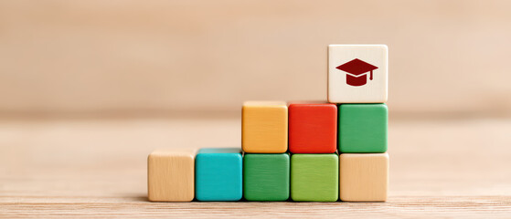 Creative concept with wooden cubes arranged like staircase with colorful blocks and graduation cap symbol on top cube representing education success and achievement