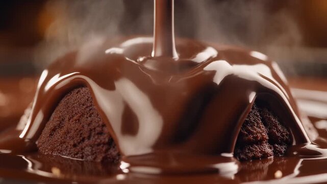 A seamless cinemagraph loop of hot, melted chocolate pouring over a lava cake. This decadent, slow-motion, macro shot is perfect for food or dessert concepts.