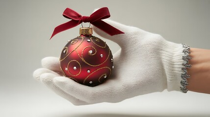 Festive red christmas ornament in elegant white gloved hand