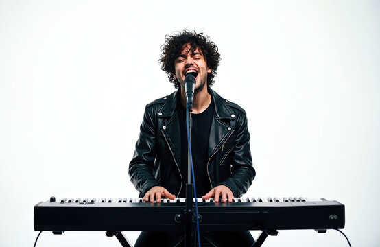 Young man with curly hair sings. Singer plays electric piano with microphone. Guy wears black leather jacket, poses at musical concert on white background stage. Artist enjoys music creation.