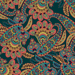 Paisley vector seamless design flowers and leaves in a batik-inspired style. Vintage fabric backdrop