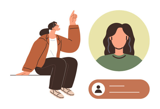 Woman sitting and pointing upward next to a circular profile icon with a blank avatar and user info. Ideal for user profile, identity, personal branding, social media, communication, networking
