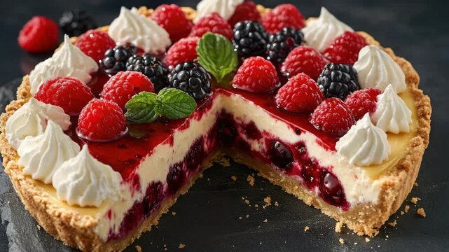 A tempting slice of cheesecake pie with a variety of fresh fruits, including raspberries and blueberries. It's a delightful dessert option for warm weather or special occasions.