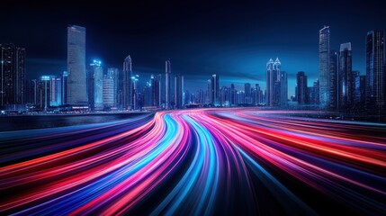 Vibrant Night Cityscape with Colorful Light Trails in Urban Setting
