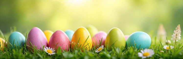 Colorful Easter eggs in green grass with daisies. Multicolored eggs lie on lawn with small white flowers. Spring scene with vibrant eggs, green meadow. Easter celebration concept with natural