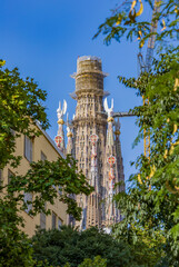 Architectural Details of the Towers of the Majestic Sagrada Fam&iacute;lia in Barcelona