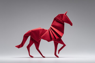 AI-generated red origami horse walking on white studio surface