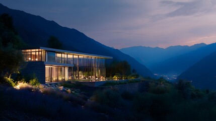 A modern glass house illuminated at dusk with mountains in the background