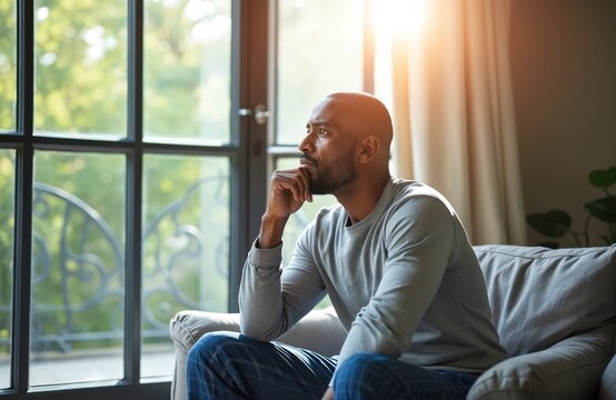 Sad african american man thinks looking out window while sitting alone on couch at home. Solitary adult male lost in thought indoors. Pensive person on sofa. Reflective mood.