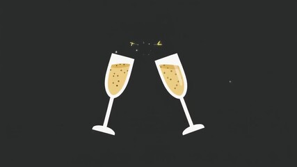 A 2D, flat-style icon animation of two champagne glasses clinking. This simple, looping "cheers" graphic is perfect for celebrations, New Year's Eve, or parties. - Powered by Adobe