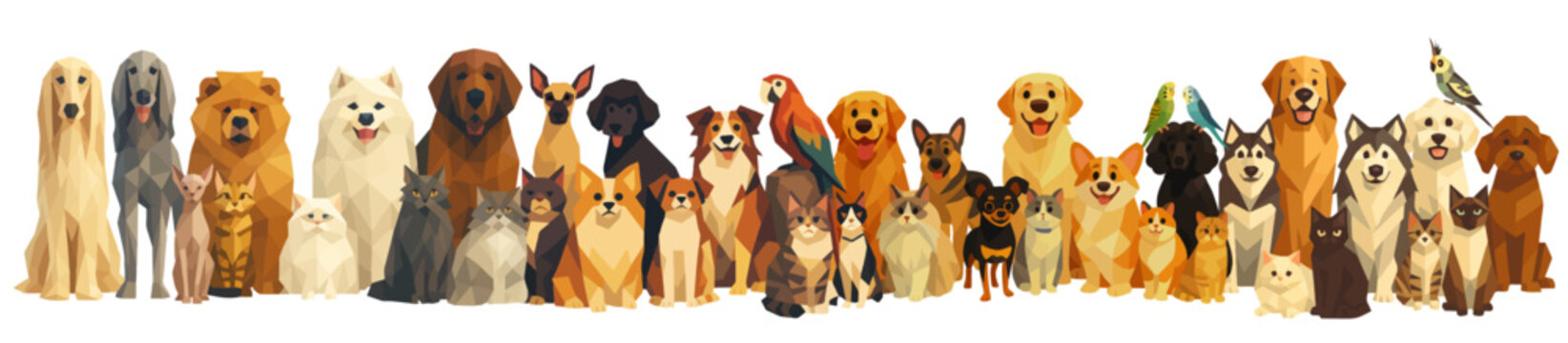 Adorable pets in a group.A group of cartoon design graphics unique banner.Various breeds of dogs and cats and parrots gather together, showcasing their friendly personalities