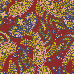 Turkish Cucumber Paisley seamless vector pattern in traditional Oriental style. Decorated with flowers, leaves, and fantasy elements, for fabric, textile and wallpaper covers