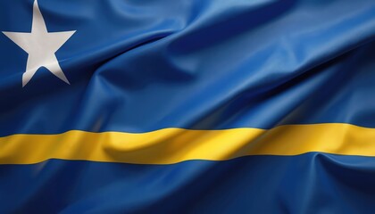 Realistic waving flag of Curacao. National banner flutters with blue field, yellow stripe and white star. Symbol of countrys identity and independence day celebration. Patriotic illustration for news.