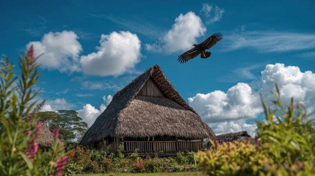Embera Heritage: Traditional Home Amidst Vibrant Flora and Soaring Eagle Undercloudy Sky in Panama