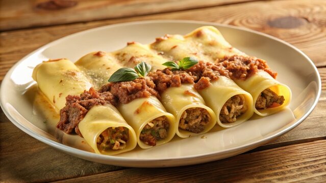 Traditional Andorran cannelloni with meat on a white plate