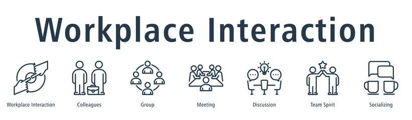 Fototapeta premium Workplace Interaction web banner icon vector illustration concept with icon of workplace interaction, colleagues, group, meeting, discussion, team spirit, and socializing.