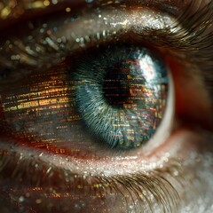 A close-up of an eye with a reflection of colorful digital data