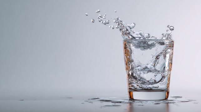 Dynamic shot of water splashing vigorously from a clear tumbler glass