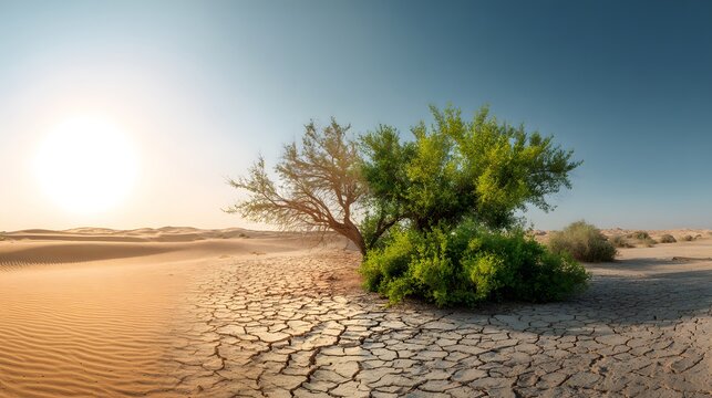 A solitary green bush stands amidst a vast desert landscape under a bright sun - Powered by Adobe