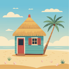 Beach shack on the sandy ocean shore - 2D vector illustration scenery