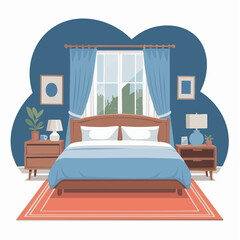 Bedroom interior - furnished room in a house with bed. 2D vector illustration